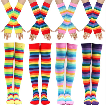 Women Fancy Rainbow Stripes Over Knee Long Socks Elbow Gloves Set Halloween Cosplay Costume Knitted Stretchhy Thigh High