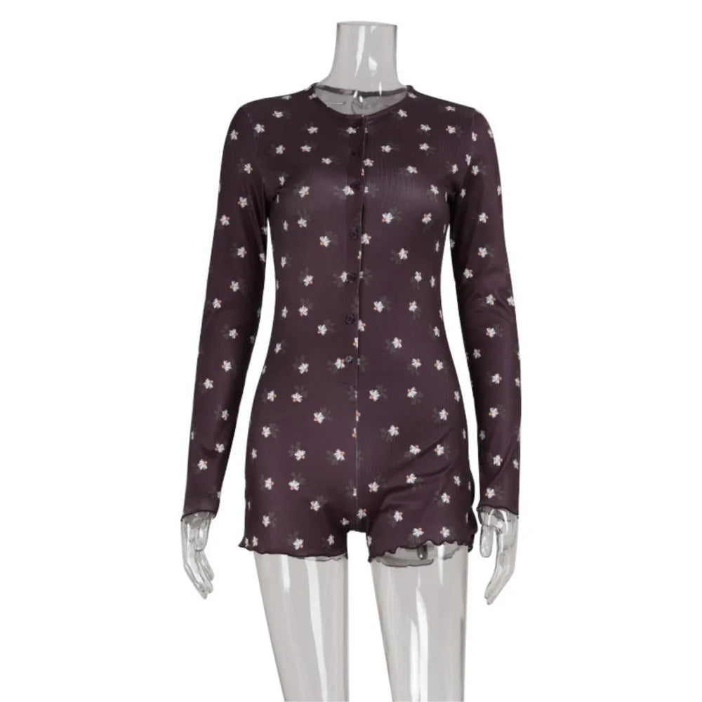 Women's Clothing Long Sleeve Floral Printed Jumpsuit Sexy Slim Home Wear Pajamas Fashion Round Simple Style Comfortable Trendy
