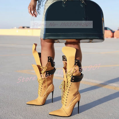 Yellow Lace-Up Knee High Stiletto Boots Women Multi-Strap Pointed Toe Fold Over High Heels Boots Female Party Street Style