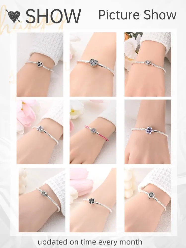 Silver 925 Bracelet Original Bracelets Colorful Zircon Heart Flower Cat Snake Chain For DIY Charms 17-20CM Luxury Jewelry Gifts