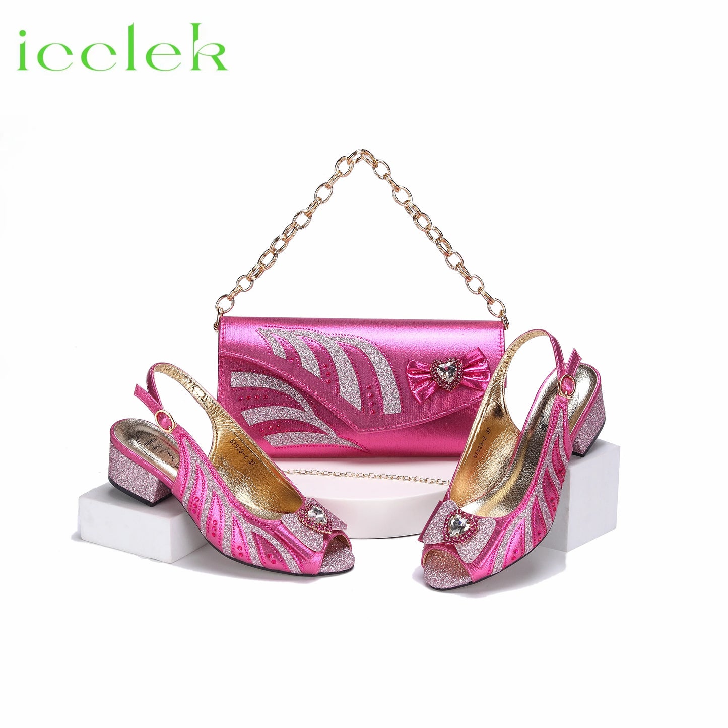 2024 New Arrival Elegant Style Fuchsia Color Low Heels Nigeria Popular Design African Ladies Shoes And Bag Set