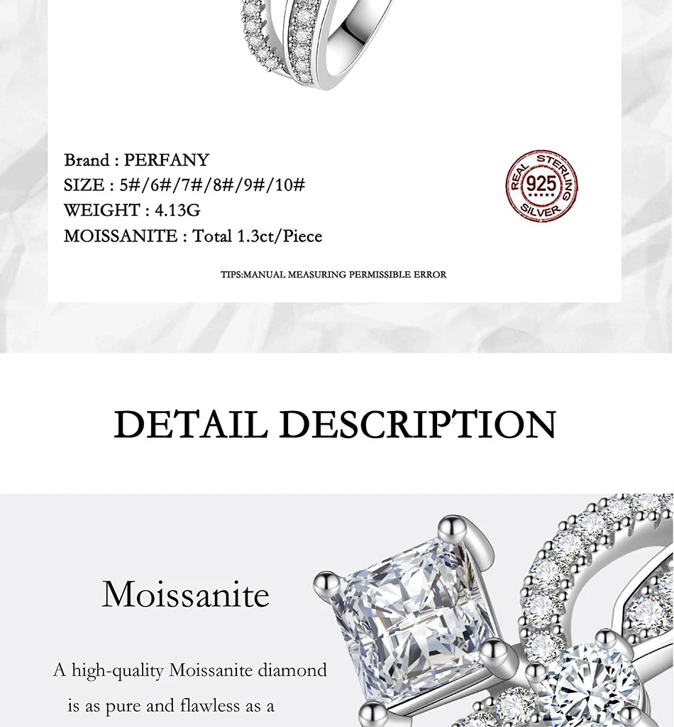 PERFANY 1.3CT Moissanite Ring for Women S925 Pure Silver Crown Double Layer Design Laboratory Diamond Wedding Luxury Jewelry