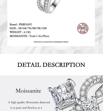 PERFANY 1.3CT Moissanite Ring for Women S925 Pure Silver Crown Double Layer Design Laboratory Diamond Wedding Luxury Jewelry