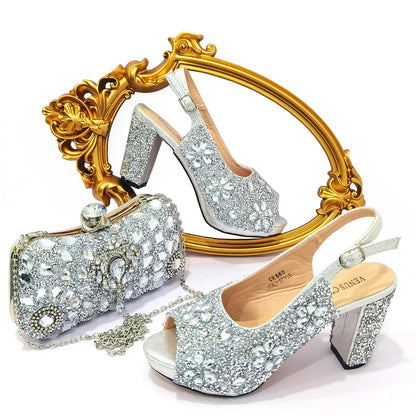 Summer Italian Latest Design Ladies Luxury Rhinestone High Heel Shoes and Bag Set To Go To Wedding Christmas Party Wear
