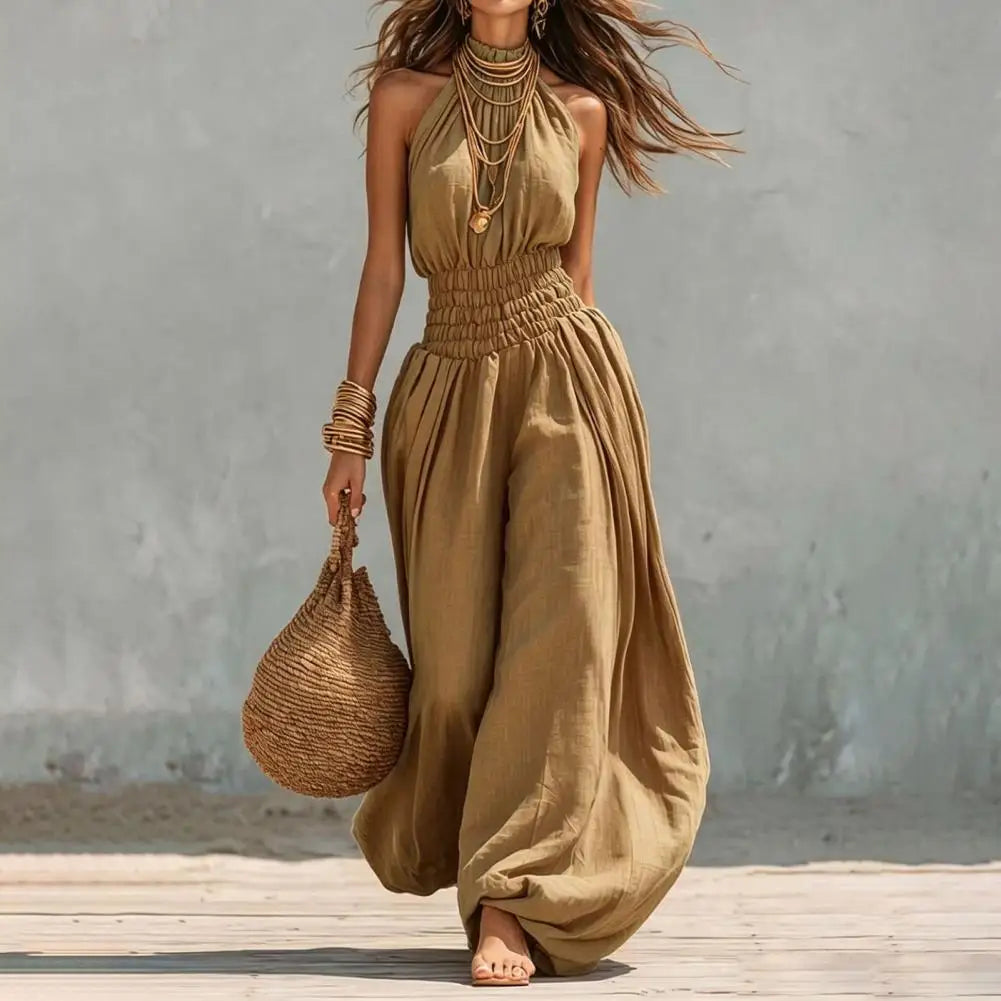 Smocked Waist Lantern Pants Women Rompers Summer Romper Halter Neck Sleeveless Jumpsuit With Lantern Leg For Casual Streetwear