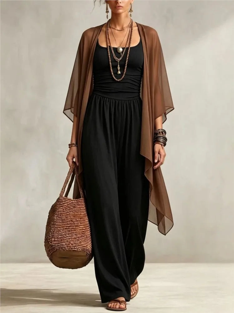 Summer New Sexy Bandeau One Piece Pants Set For Women's 2 Piece Casual Loose Fitting Wide-leg Pants Plus Shawl Tops Set Female