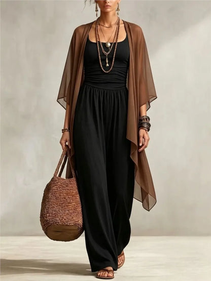 Summer New Sexy Bandeau One Piece Pants Set For Women's 2 Piece Casual Loose Fitting Wide-leg Pants Plus Shawl Tops Set Female