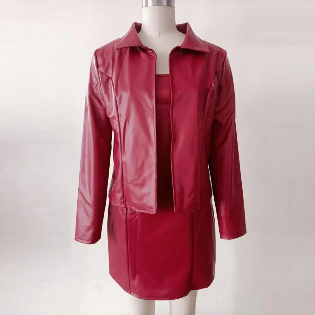 Women's Faux Leather Blazer Dress Suit Sets Office Work Mini Dress with Coat Two Piece Formal Business Outfits