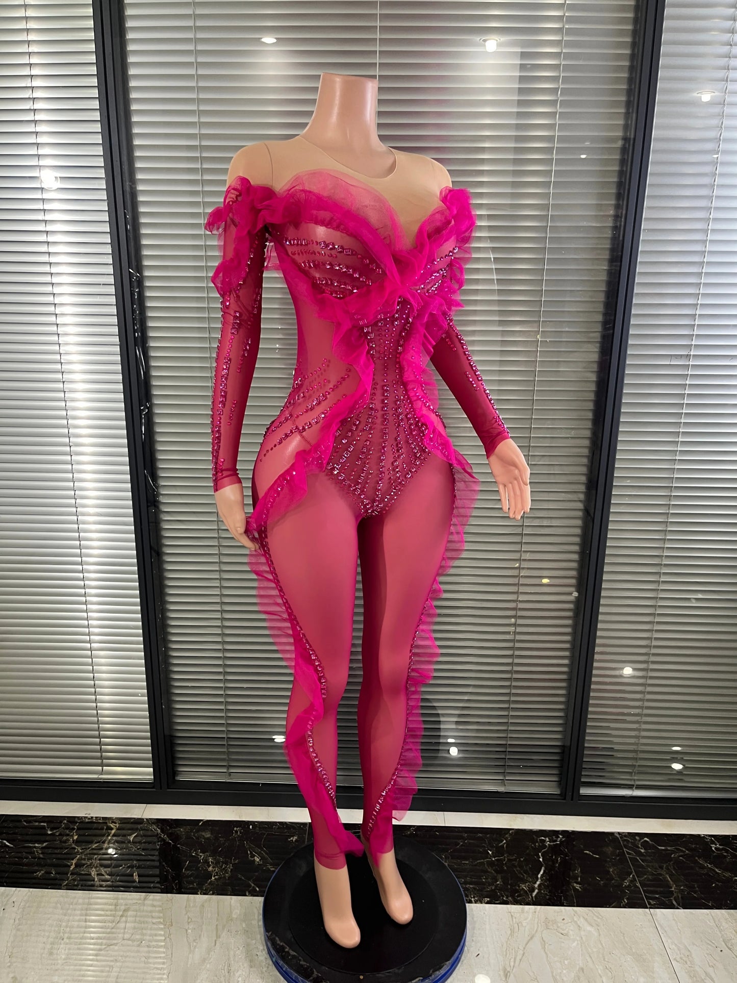 Luxury Rhinestone Mesh Bodysuit Ruffle Frill and Asymmetrical Design Formal Events Photoshoots Stage Performance Party Outfit
