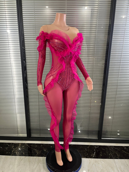 Luxury Rhinestone Mesh Bodysuit Ruffle Frill and Asymmetrical Design Formal Events Photoshoots Stage Performance Party Outfit
