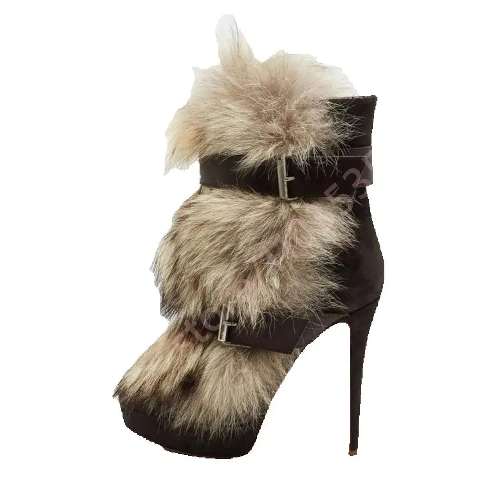 Winter Platform Belt Buckle Soft Fur Short Boots Fashion Show Party Casual Furry Boots New Sexy Women's Stiletto Warm Boots