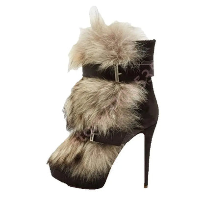 Winter Platform Belt Buckle Soft Fur Short Boots Fashion Show Party Casual Furry Boots New Sexy Women's Stiletto Warm Boots