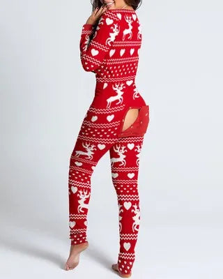 Sexy Pyjama Women's Long Sleeves Homewear Suit Button-Down Front Back Butt Bum Open Ass Flap Jumpsuit Loungewear Christmas Print