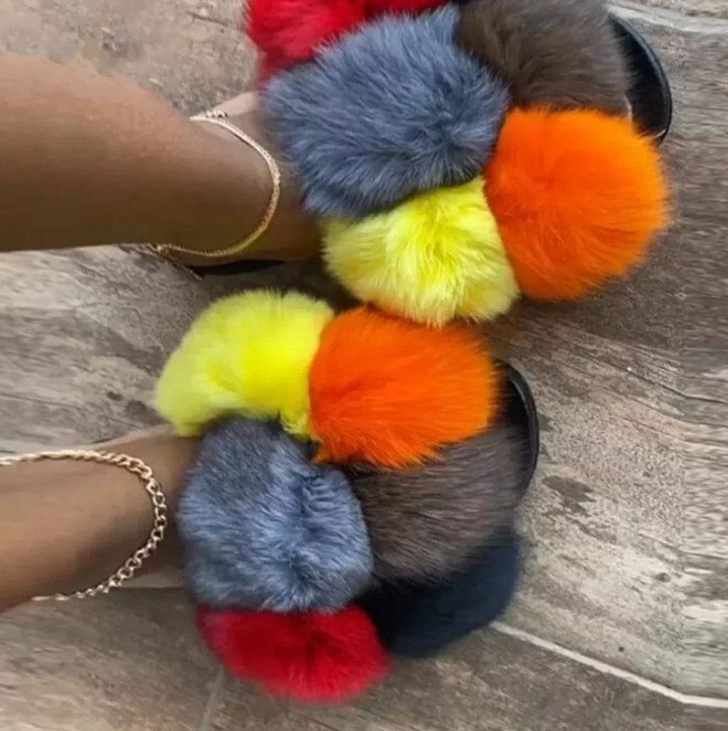 Natural Fox Fur Slippers, Fashionable Outdoor Multi-Color Animal Hair Slippers, Women's Gifts, Soft EVA Sole Slippers, On Trend