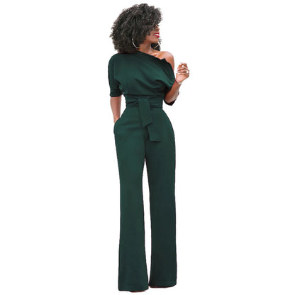 2024 Summer New Fashion Women's Jumpsuit Solid Color Slanted Shoulder Elegant Temperament Sleeveless Long Wide Leg Jumpsuit