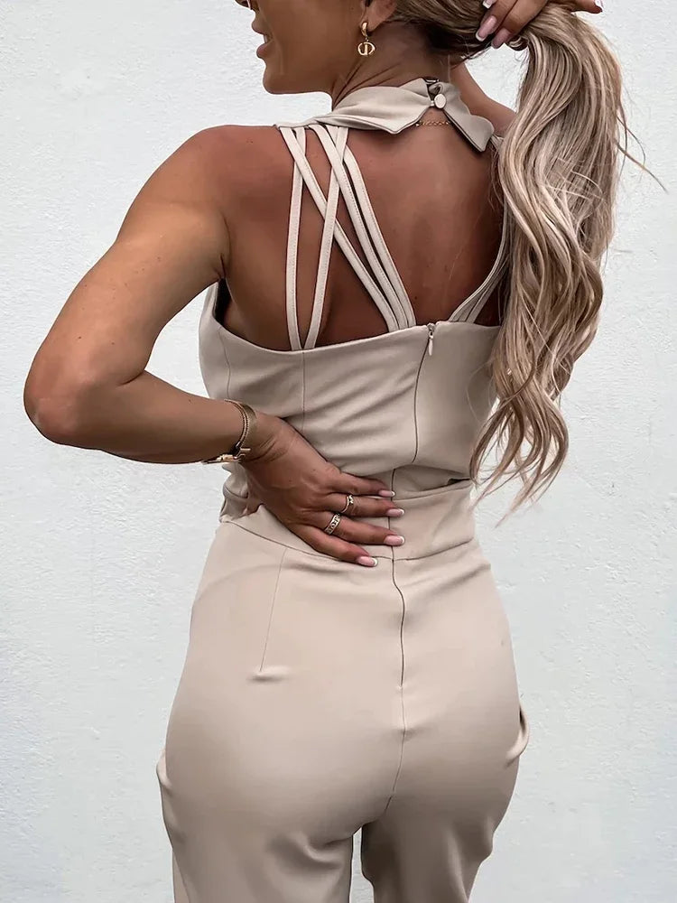 Women Summer Jumpsuit Backless V Neck Solid Zipper Off Shoulder Sleeveless Overalls With Pockets Casual Slim Long Rompers Female