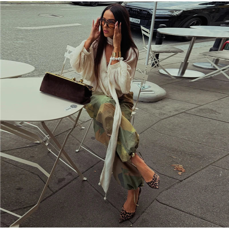 Women Camouflage Cargo Long Pants High Waist Wide Leg Drawstring Hem Baggy Trousers 2026 Autumn Casual Chic Vintage Streetwear