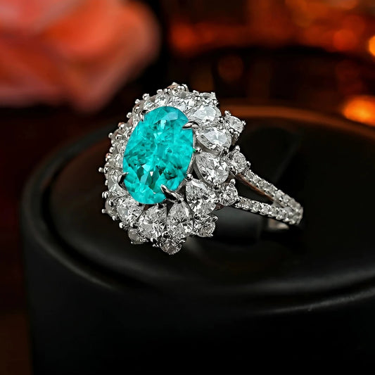 S925 Silver Ring 2ct Neon Blue Green Zircon Ring Double Layer Surrounding Luxury Women's Jewelry