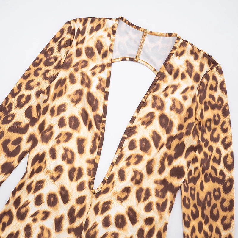 Leopard Print Jumpsuits Woman Deep V-Neck Cleavage Backless Full Sleeve Skinny Peach Hip Hot Girls Street Sexy Overalls