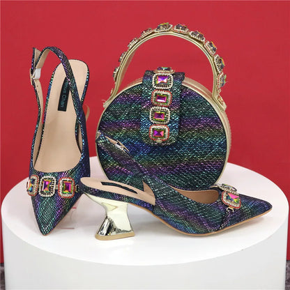 Newest Style Teal Sky Color Platform Design Peep Toe Ladies Shoes Matching Bag Set For Mature Women Heel Party Pump