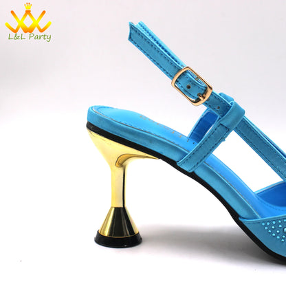 Sky Blue Color High Quality New Arrivals 2024 Italian Desing African Women Shoes and Bag Set Sweet Style Super Heels for Wedding
