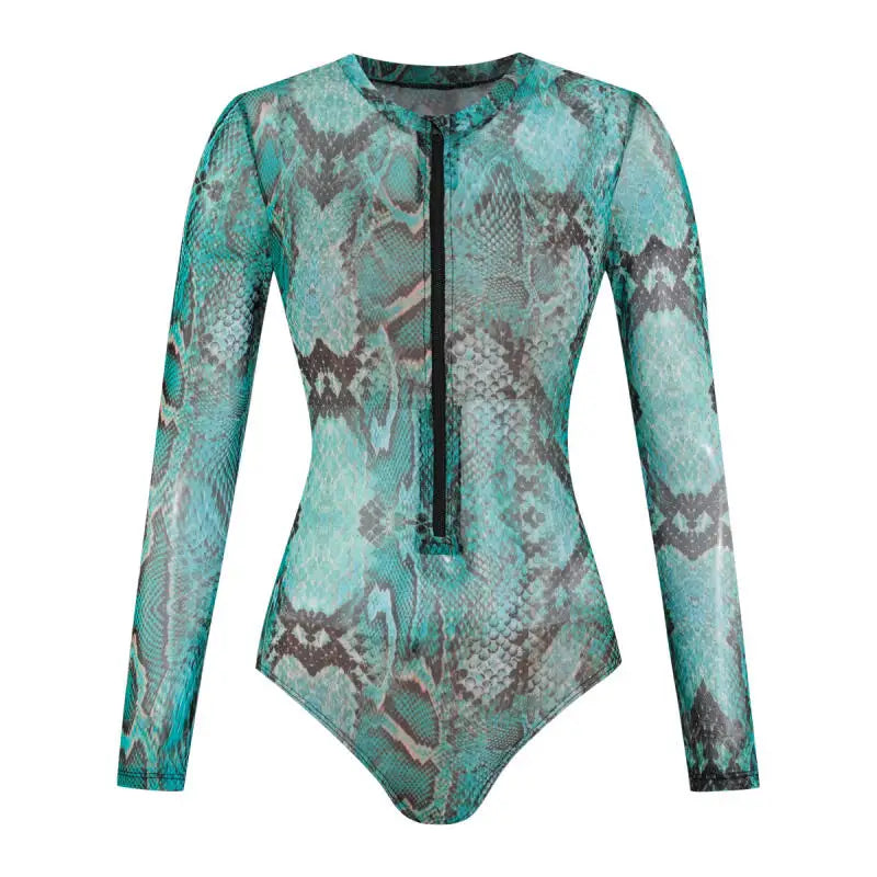 Turquoise Snake Print Long Sleeve One Piece Swimsuit Front Zipper Guard Sportswear High Cut Monokini For Women Summer Surfing