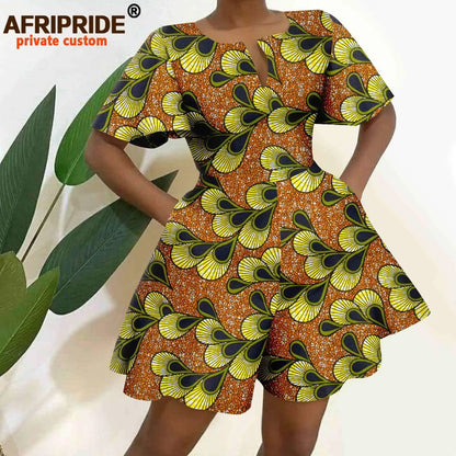 2026 African Clothes for Women Short Sleeve High Waist Print Jumpsuit Casual Cotton Summer Outfits Rompers Playsuits A2329001