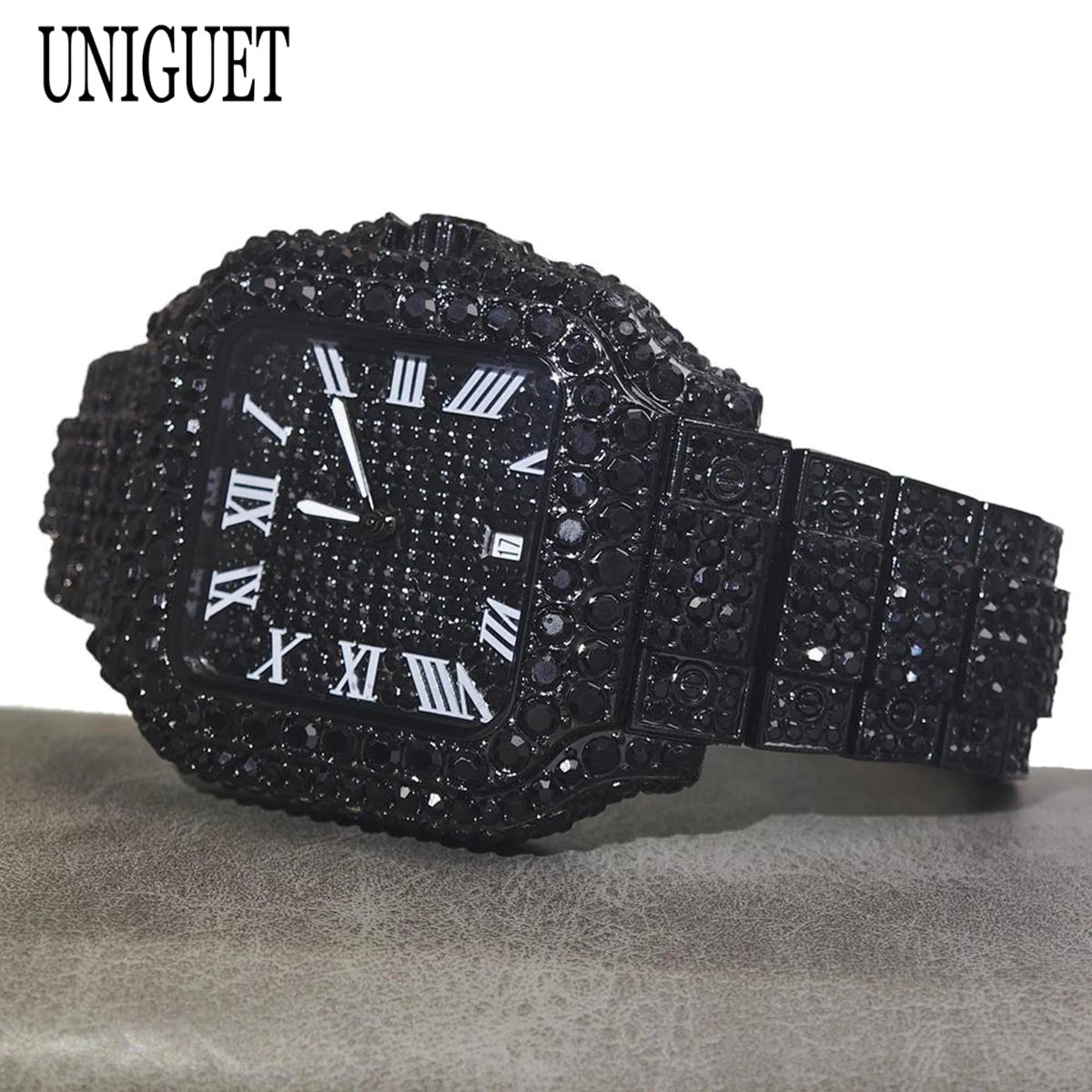 Cool Black Iced Watch For Man Fashion Brand UNIGUET Hip Hop Diamond Bling Bling Jewelry Square Wrist Watch Mens Dropshipping