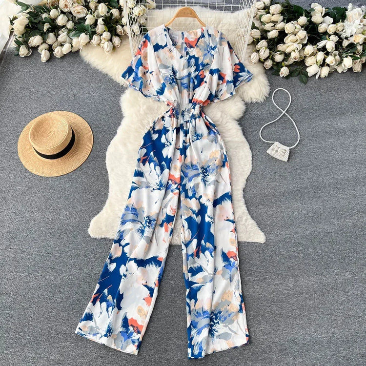 2026 New Summer Beach Summer Floral Jumpsuits Fashion V Neck Elastic Slim Short Sleeve Streetwear Vacation Retro Long Rompers