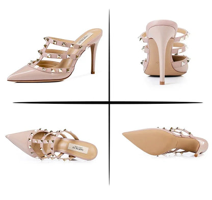 Women's sandals luxury Brand Shoes Woman 2025 trend Ankle Strap Summer Rivets High Heels Slippers Design Pointed Toe Sexy party