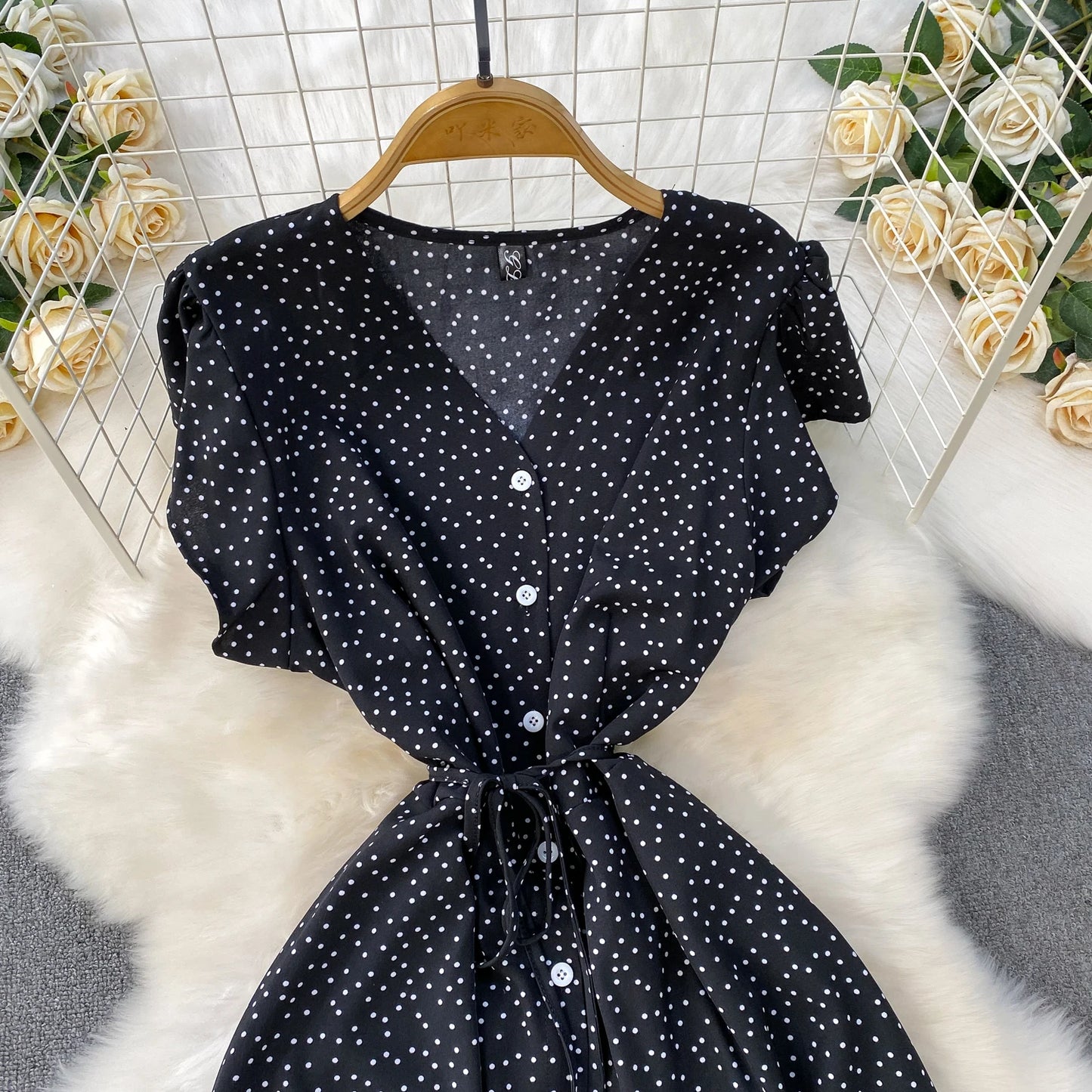 Summer Women Polka Dot Long Dress Vintage V-Neck Flying Sleeve High Waist Single Breasted A-Line Casual Vestidos Female Robe New