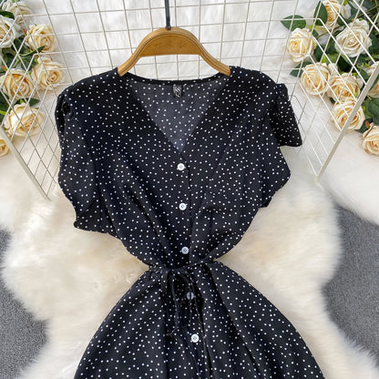 Summer Women Polka Dot Long Dress Vintage V-Neck Flying Sleeve High Waist Single Breasted A-Line Casual Vestidos Female Robe New