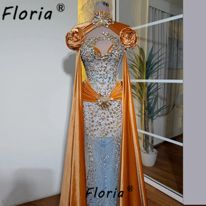 Luxury Dubai Woman Party Dress Orange Beadings Stones Mermaid Wedding Evening Dresses vestidos de fiesta elegantes Customzied