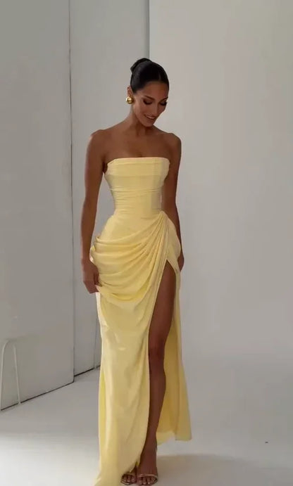 Solid Pleated Strapless Women's Dress Backless Off-shoulder High Waist Split Female Dresses 2026 Sexy Summer Evening Party Gown