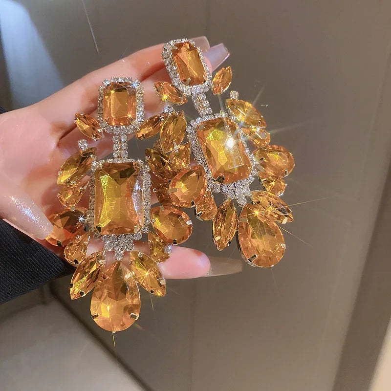 Orange Rhinestone Geometric Earrings for Women Retro Exaggerated Drop Earrings Temperament Party Accessories Girls Gifts