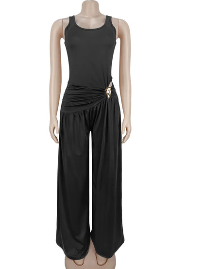 Beyprern Sexy Ruched Wide Leg Jumpsuit Women Elegant High Waist Sleeveless One Piece Outfits Summer Loose Floor Length Rompers