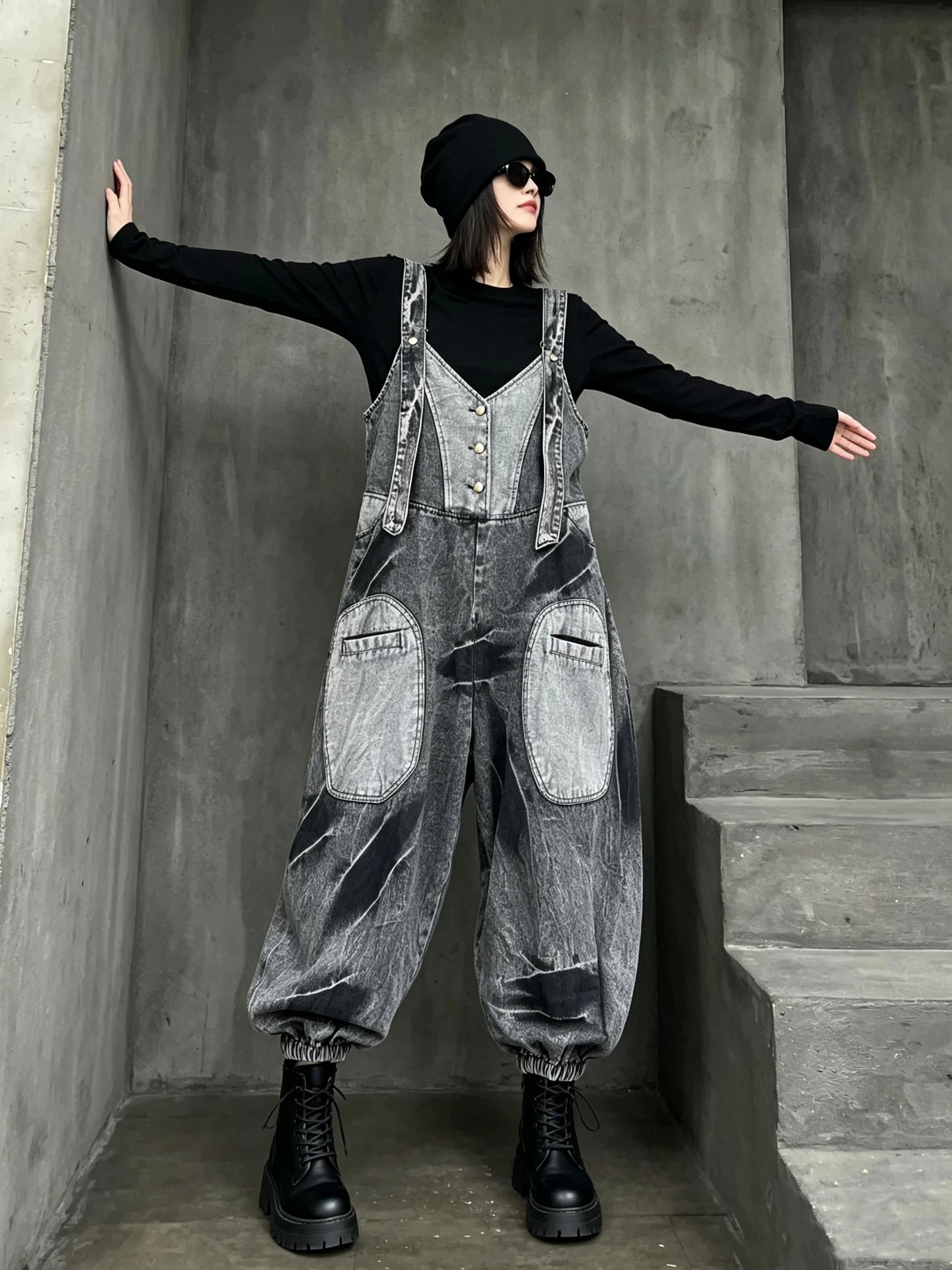 Unique Trendy Cool Distressed Color-blocked Denim Overalls Women Loose Plus-size Stylish One-piece Lantern Pants Autumn LX6298