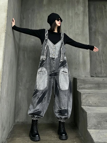 Unique Trendy Cool Distressed Color-blocked Denim Overalls Women Loose Plus-size Stylish One-piece Lantern Pants Autumn LX6298