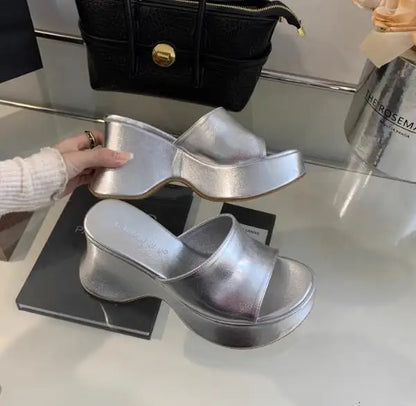 Summer Women's Slippers Fashion Platform Sandals Luxury Leather Casual Slippers High-heele Slippers for Women Open Toe Sandalias