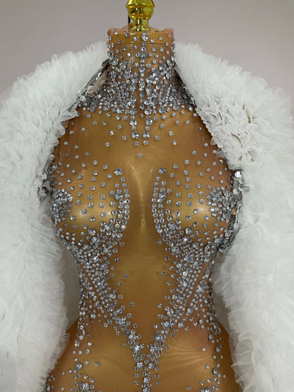 Sexy Stage Sparkly Rhinestone Mesh See Through Crystal Bodysuits Women Luxury Birthday Dancer Nightclub Bar Performance Outfit