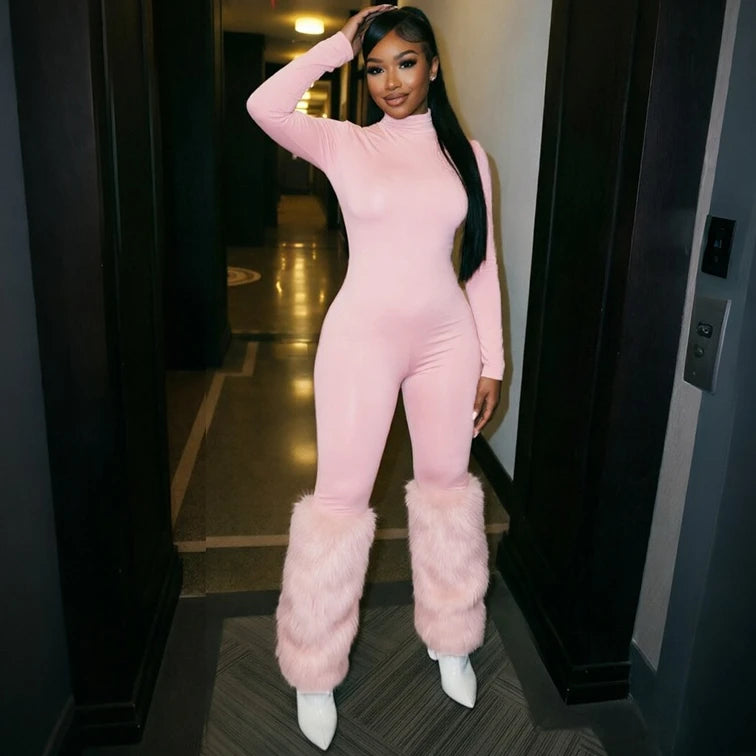 FLARORA Sexy Faux Fur Patchwork Jumpsuits Woman Turtleneck Full Sleeve Skinny Peach Hip Jumpsuit Midnight Party Club Overalls