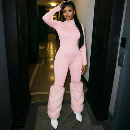 FLARORA Sexy Faux Fur Patchwork Jumpsuits Woman Turtleneck Full Sleeve Skinny Peach Hip Jumpsuit Midnight Party Club Overalls