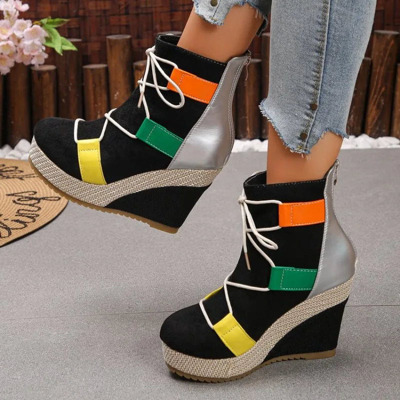 Women's Ankle Boots Wedge Heel Round Toe Platform Shoes Suede-Look Lace-Up Back Zipper Woven Trim Casual Street Style Footwear