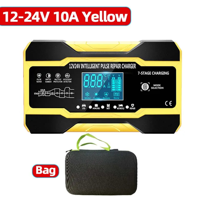 12V 24V Car Battery Charger 10A Smart 7-Stage Pulse Repair Fast Charger, AGM GEL WET Lead Acid Battery Maintainer