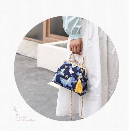 Fashion Vintage Fringe Bag Small Shell Bags Chain Women Shoulder Crossbody Bag Crane Flying Women's Handbags Purses Embroidery