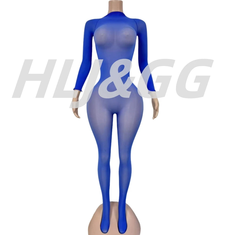 HLJ&GG Sexy Mesh See Through Bodycon One Piece Jumpsuits Women O Neck Long Sleeve Stretchy Overall Lady Party Clubwear Playsuits