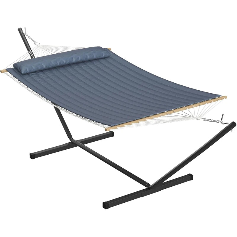 Double Cotton Hammock with Stand, Hammock with Adjustable Steel Frame | Portable Freestand Hammock Set Includes Carry Bag, Padded Polyester Pad & Pillow, 450 lb Capacity for Garden/Backyard/Travel