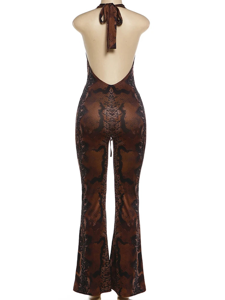 Sisterlinda Sexy Backless Jumpsuits Woman Leopard Print Bandage Halter Deep V-Neck Sleeveless Skinny Peach Hip Fashion Overalls
