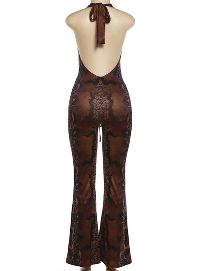 Sisterlinda Sexy Backless Jumpsuits Woman Leopard Print Bandage Halter Deep V-Neck Sleeveless Skinny Peach Hip Fashion Overalls