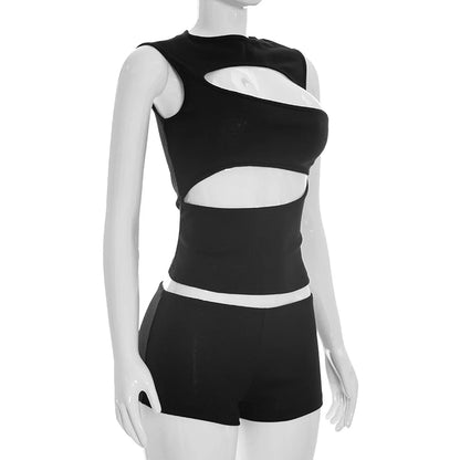 Chic Women Black Round Neck Sleeveless Cut Out Tank Top and Shorts Set for Casual Sexy Party